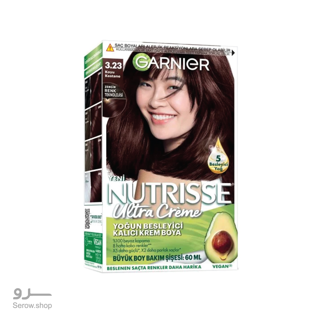 Garnier-Nutrisse-Ultra-Crème-Yoğun-Besleyici-Saç-Boyası-3.23-Koyu-Kestane---3600542543576 کیت رنگ مو نوتریسه شماره ۳.۲۳ قهوه ای فندقی تیره