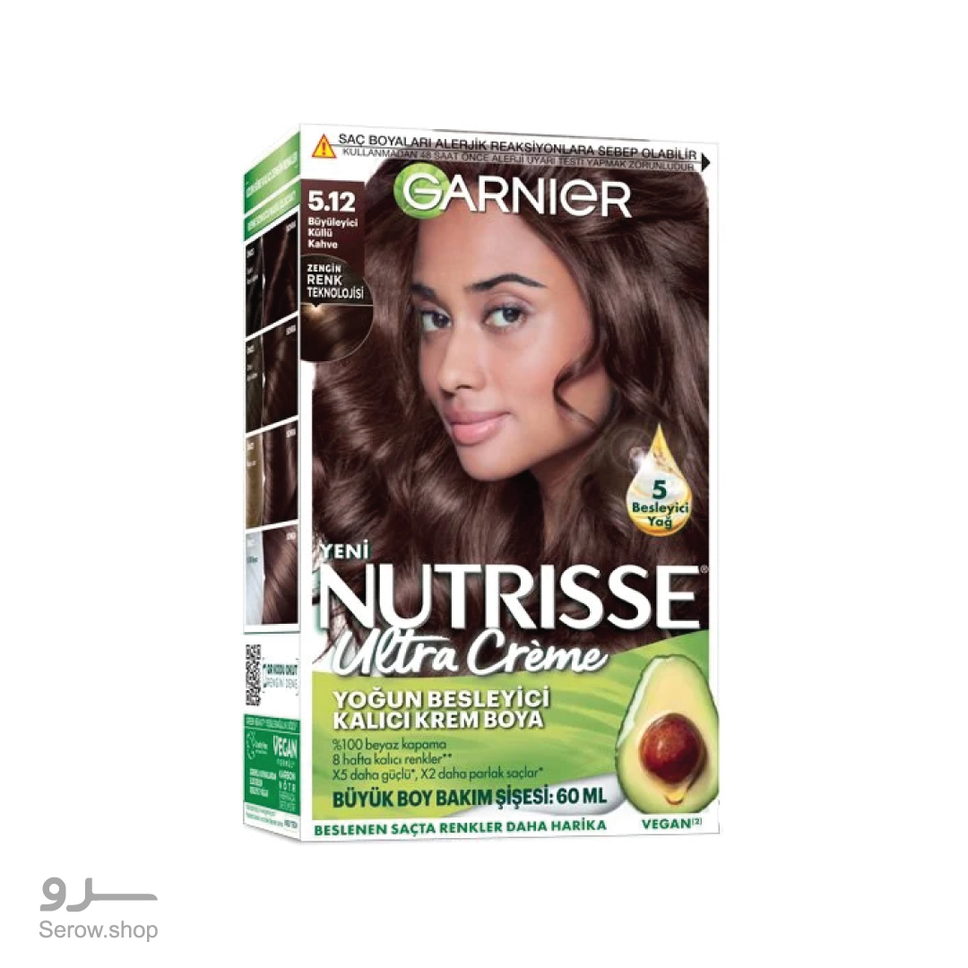 Garnier-Nutrisse-Ultra-Crème-Yoğun-Besleyici-Saç-Boyası-5.12-Büyüleyici-Küllü-Kahve---3600542543552 کیت رنگ مو نوتریسه شماره ۵.۱۲ قهوه ای دودی جذاب